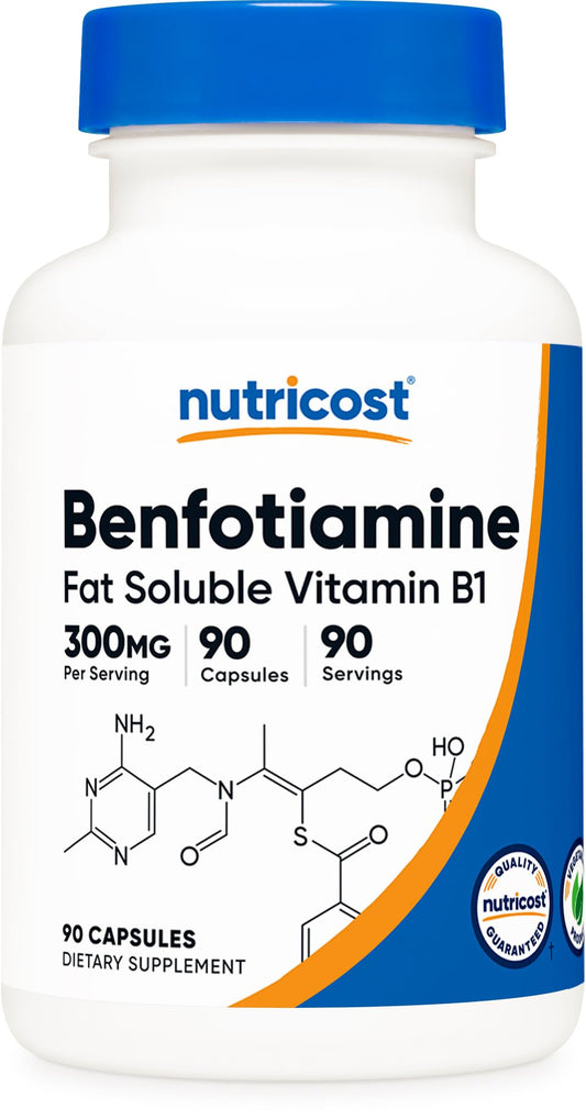 Nutricost Benfotiamina 300 mg, cápsulas en botella para uso diario sin gluten