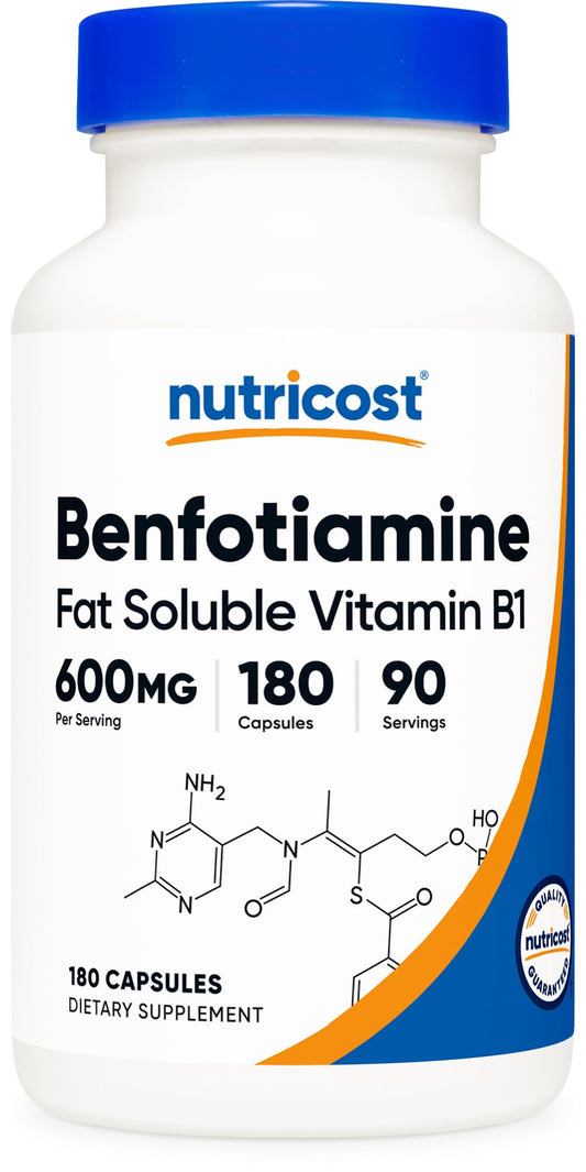 Nutricost Benfotiamina, botella de 600 mg para uso diario.