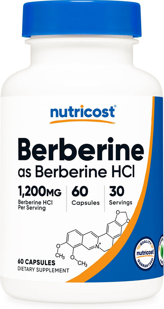Nutricost Berberina HCl 1200 mg, botella con cápsulas, ideal para rutina diaria