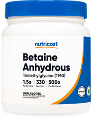 Nutricost Betaine Anhydrous TMG bottle front with a clear label for easy dosing.