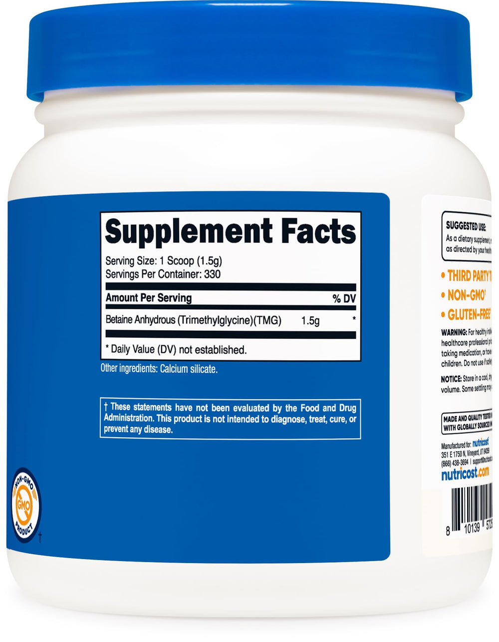 Nutricost Betaine Anhydrous TMG lab-certifications seal indicating quality assurance.
