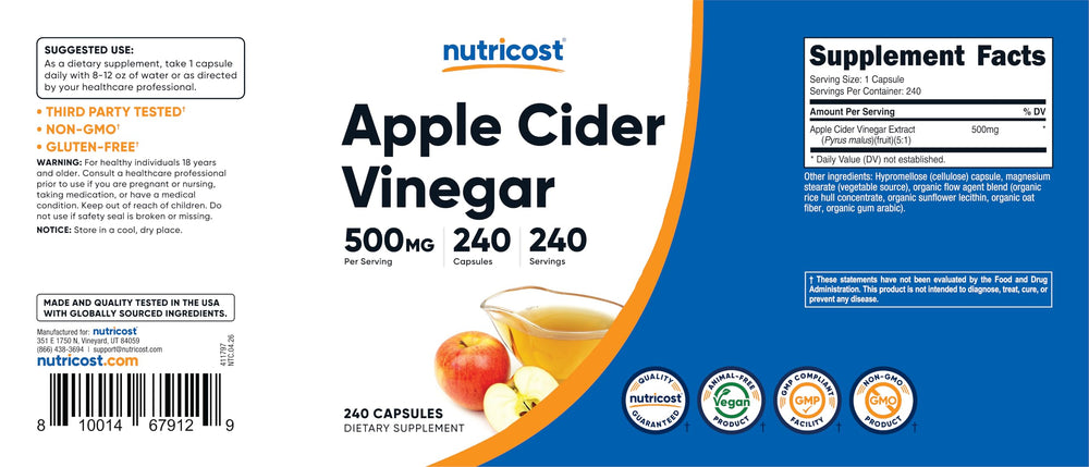 Nutricost cápsulas junto a manzana y vinagre para origen natural