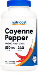 Nutricost frasco de cayena 240 cápsulas mostrando envase y beneficios de conveniencia
