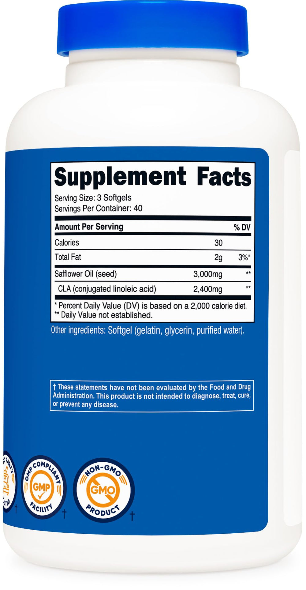 Etiqueta Nutricost CLA con información nutricional y certificaciones