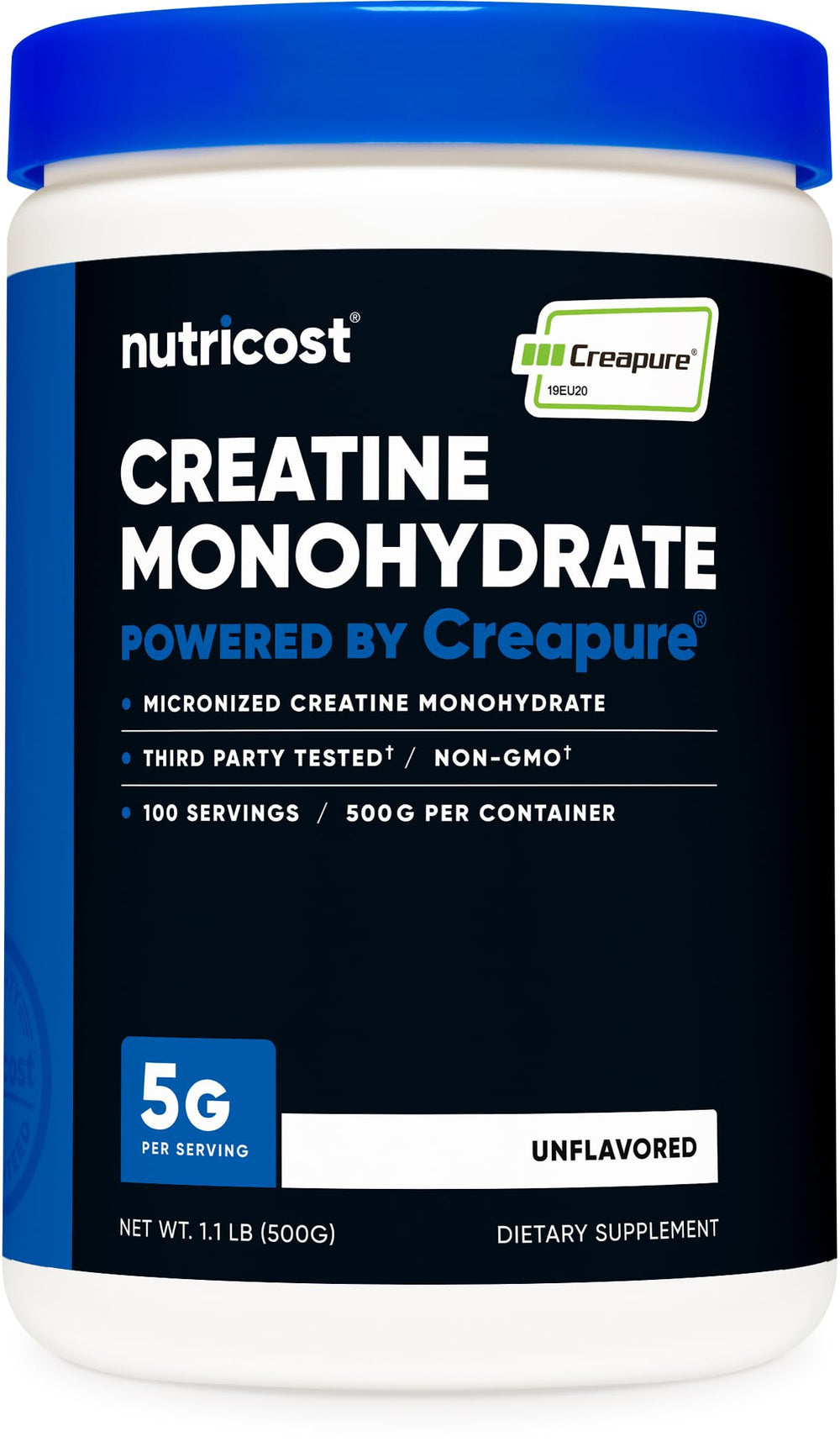 Nutricost Creapure frontal del envase mostrando marca y tamaño práctico