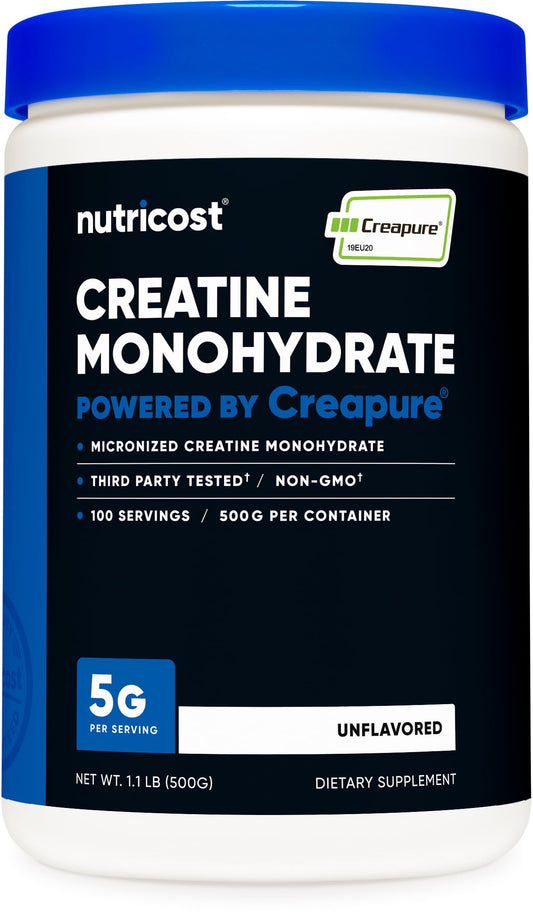 Nutricost Creapure frontal del envase mostrando marca y tamaño práctico