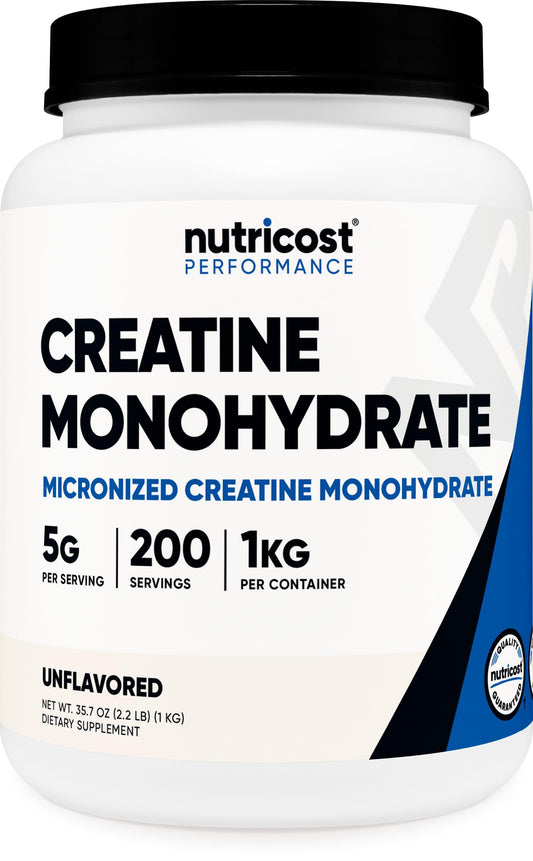 Nutricost envase frontal de creatina monohidratada, presentación 1 kg y etiqueta clara