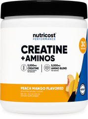 Nutricost Creatine + Aminos envase frontal mostrando diseño y sabor durazno mango, fácil identificación
