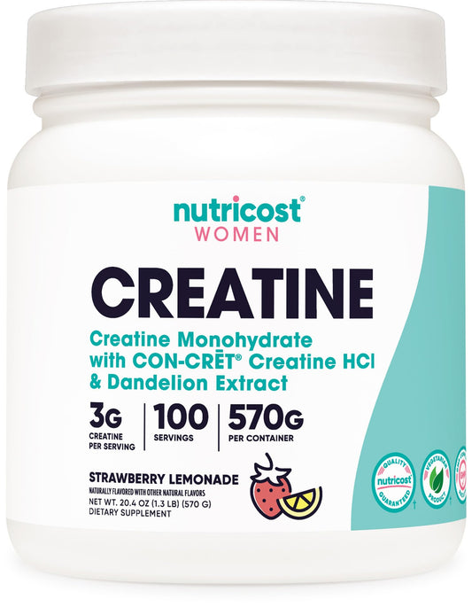 Nutricost Creatine Monohydrate, polvo fresa-limonada, ideal para entrenamientos consistentes.