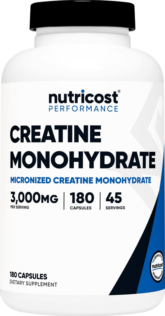 Nutricost Creatine Monohydrate 3000mg bottle — easy-to-swallow capsules for workouts.