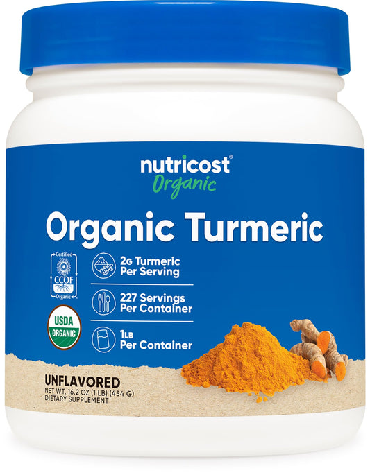 Nutricost envase frontal mostrando la cúrcuma orgánica y tamaño generoso