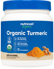 Nutricost envase frontal mostrando la cúrcuma orgánica y tamaño generoso