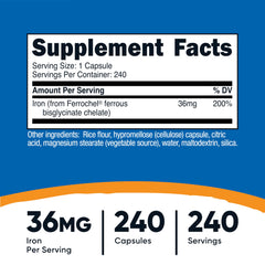 Etiqueta Nutricost Ferrochel con información de 36 mg y certificaciones