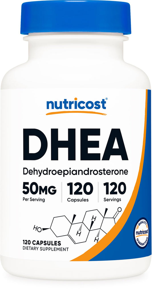 Nutricost DHEA 50mg capsules bottle showcases a premium daily supplement.