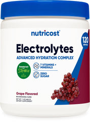 Nutricost envase frontal del Electrolyte Complex Uva mostrando 120 servicios y beneficios