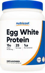 Nutricost envase frontal de Egg White Protein mostrando etiqueta clara y beneficios