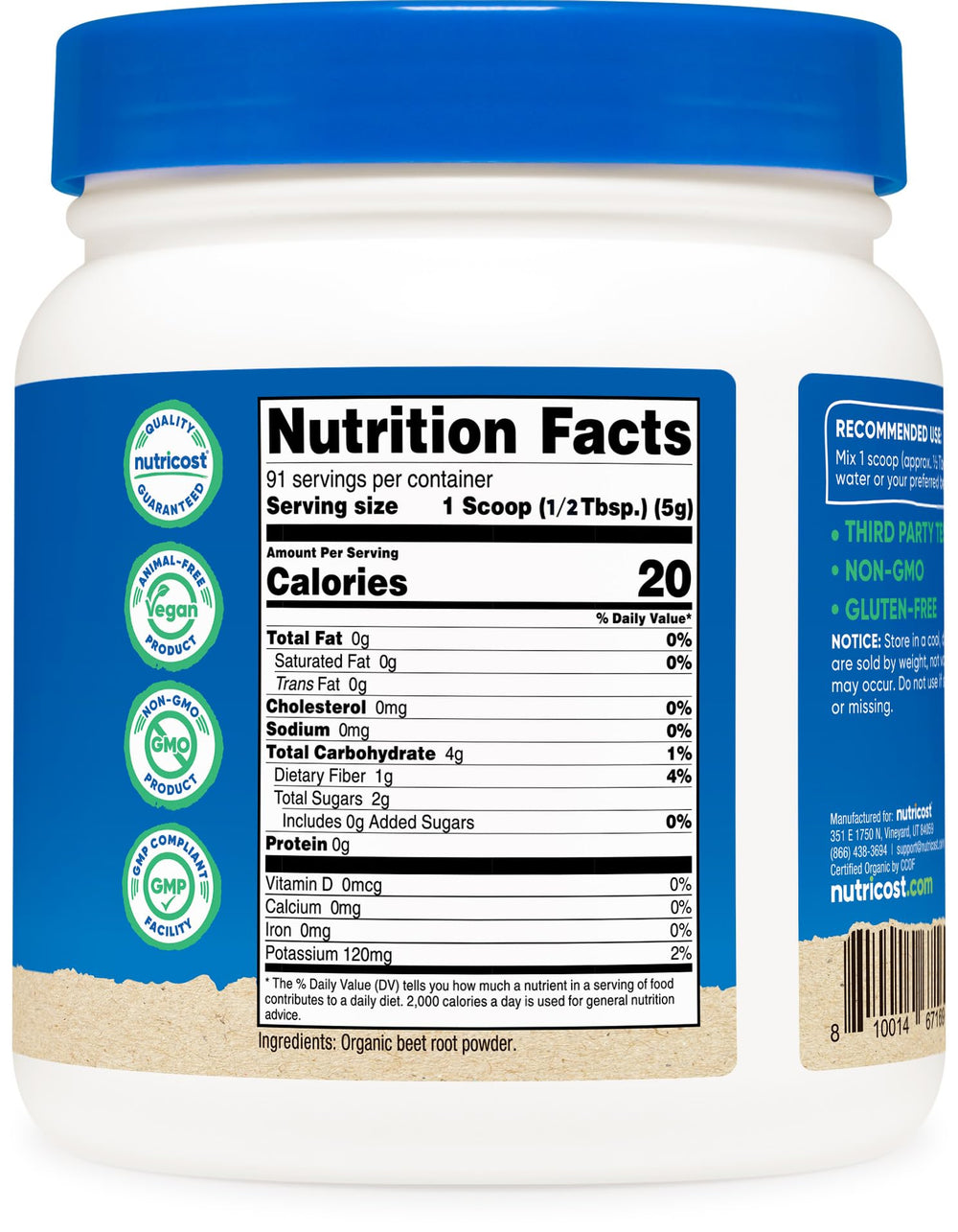 Nutricost frasco junto a una mano para comparar tamaño y cantidad
