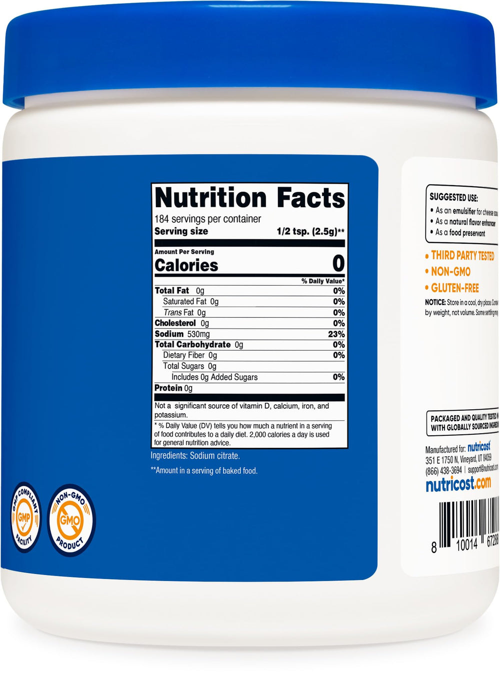 Etiqueta Nutricost con certificaciones GMP y Non-GMO, confianza de calidad