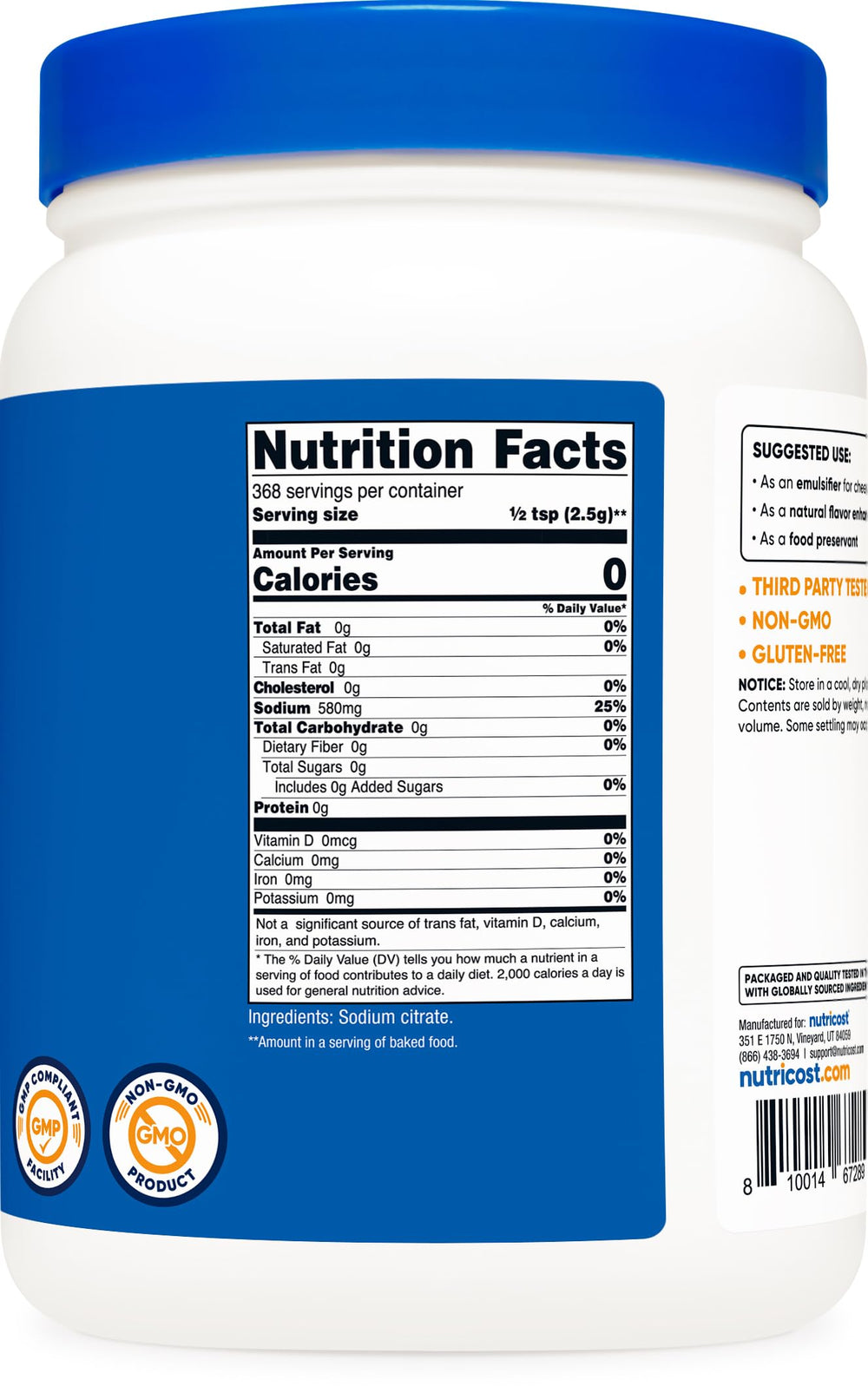 Nutricost etiqueta con información nutricional y origen, beneficio: confianza en calidad