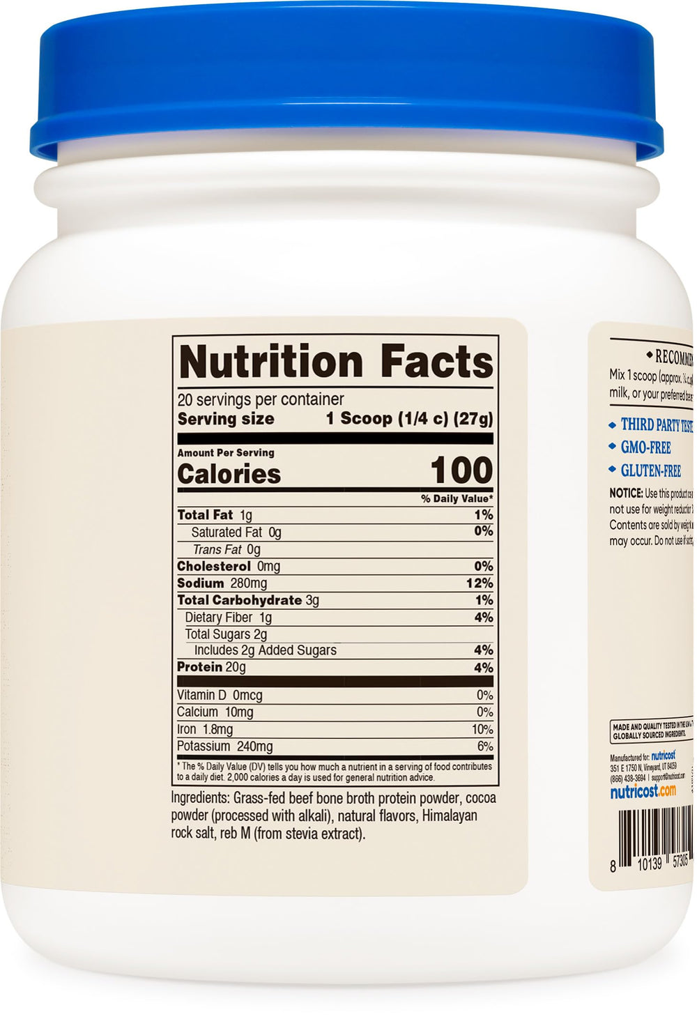 Detalle de la etiqueta Nutricost que destaca GMO-Free y pruebas de terceros