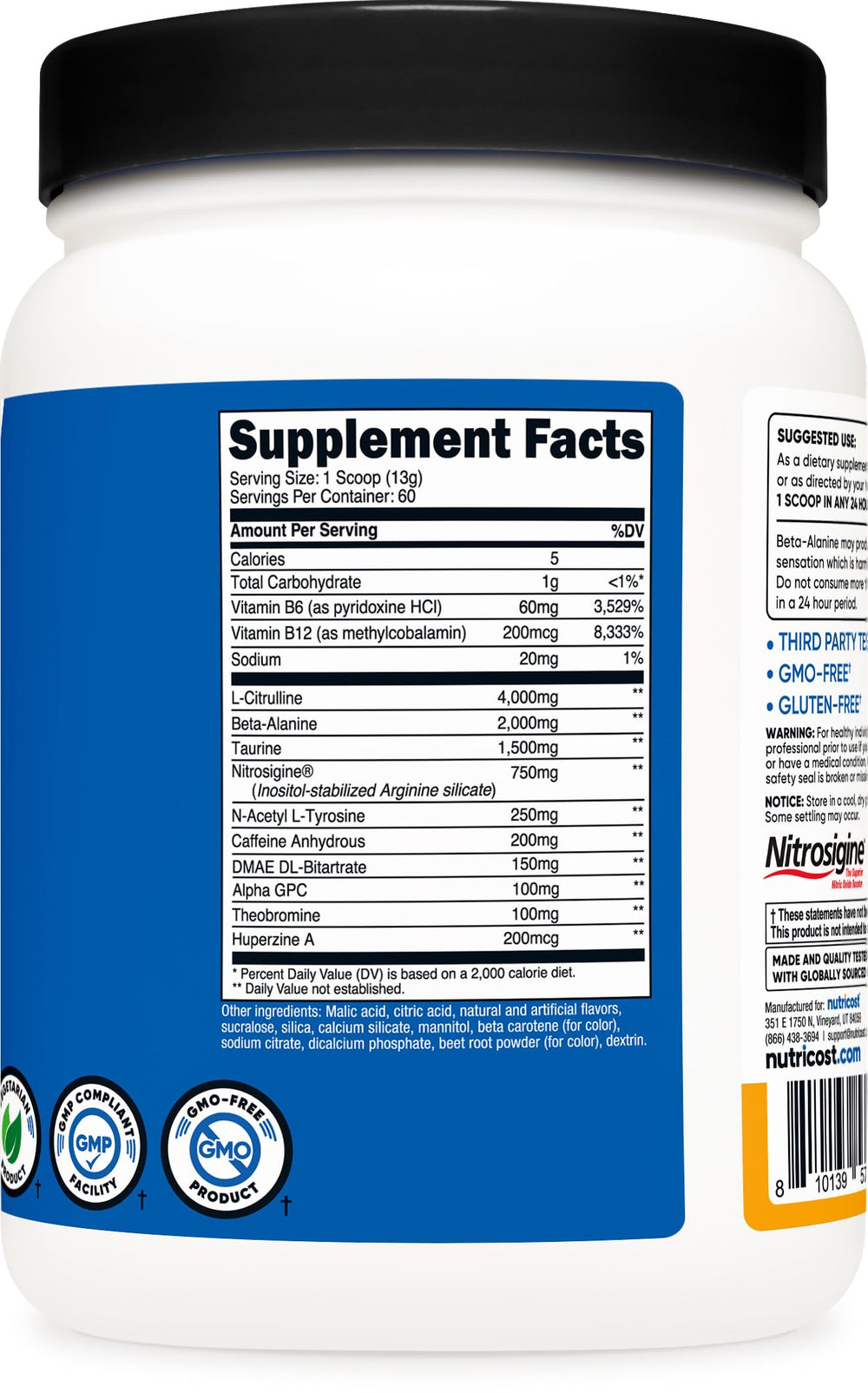 Nutricost etiqueta con lista de ingredientes y certificaciones, garantía de calidad