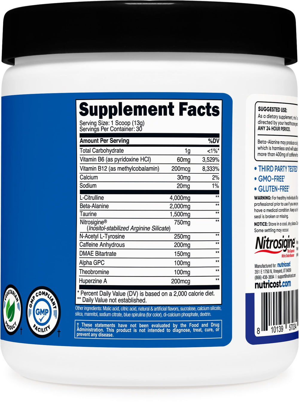 Nutricost etiqueta con lista de ingredientes y certificados para seguridad