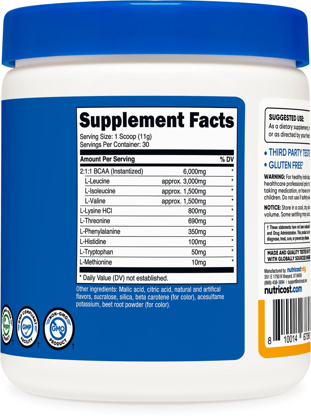 Nutricost etiqueta de ingredientes y lista de EAAs, aporta transparencia y confianza