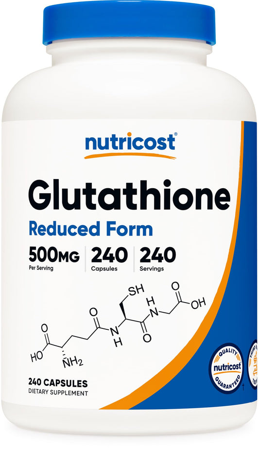 Nutricost frasco delante mostrando glutatión 500 mg, comodidad de suministro