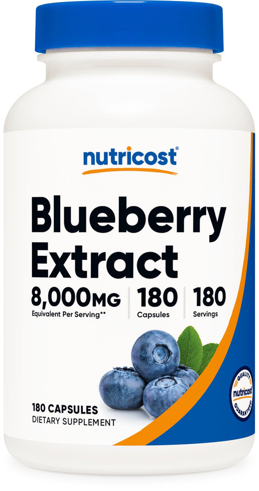 Nutricost frasco frontal de extracto de arándano con 180 cápsulas, fácil dosificación