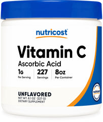 Nutricost envase frontal de ascorbic acid polvo puro, fácil identificación y uso