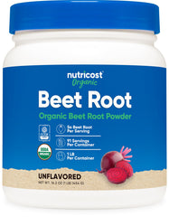 Nutricost envase frontal de polvo de remolacha orgánica, identificación clara
