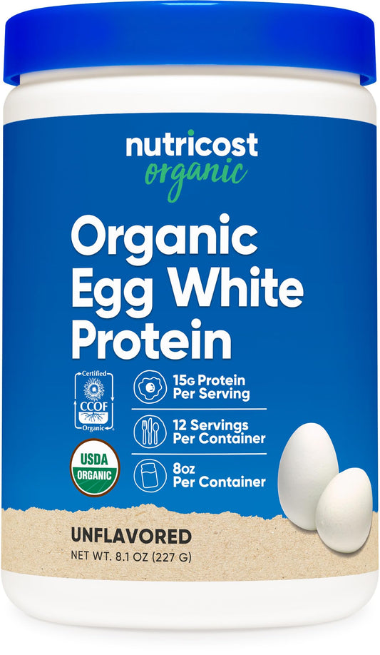Nutricost envase frontal mostrando etiqueta y beneficio proteína orgánica