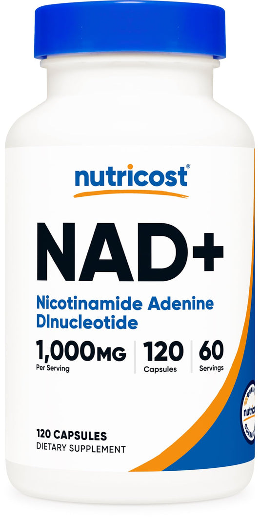 Nutricost frasco frontal mostrando 120 cápsulas y lista de ingredientes beneficio de suministro prolongado