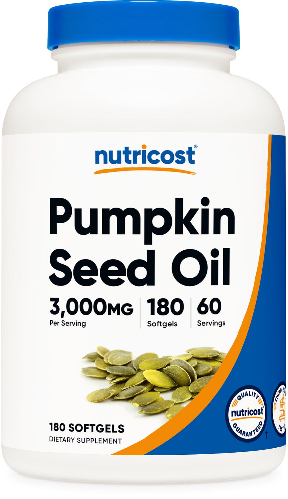 Nutricost frasco frontal de aceite de semilla de calabaza mostrando la marca y cantidad