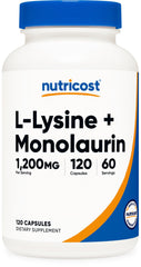 Nutricost envase frontal L-Lysine + Monolaurin mostrando etiqueta clara y beneficios