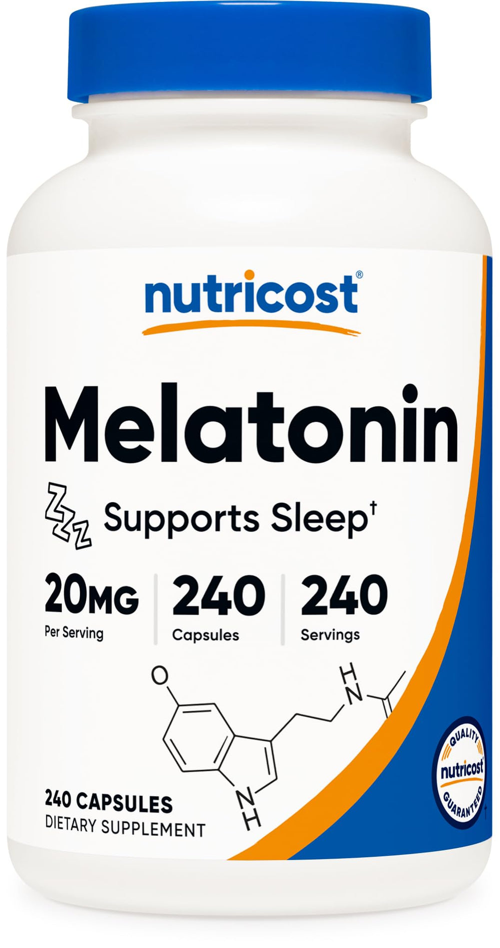 Nutricost frasco frontal de melatonina 240 cápsulas muestra dosis y beneficios