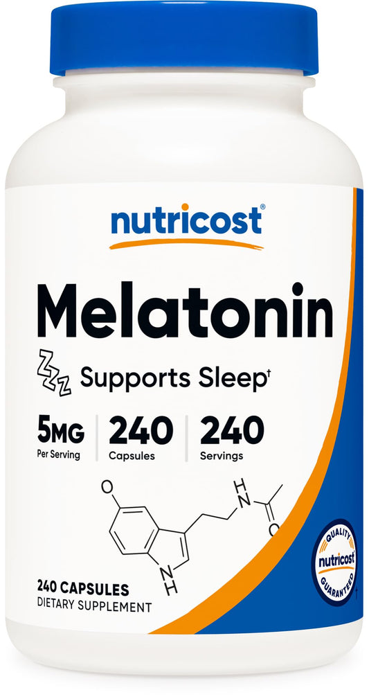 Nutricost frasco frontal de melatonina 5 mg mostrando envase y cantidad 240