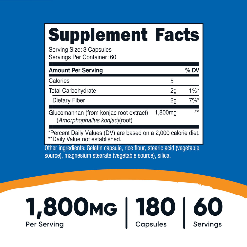 Nutricost Glucomannan bottle pour reveals easy-to-swallow capsules for convenient dosing