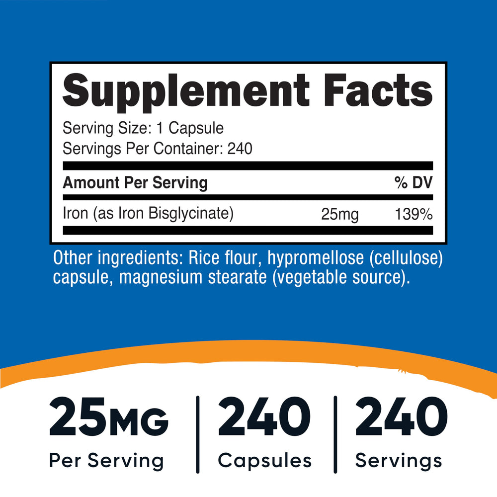 Nutricost iron bisglycinate bottle shows 240-capsule supply for routines.