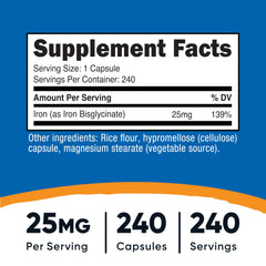 Nutricost iron bisglycinate bottle shows 240-capsule supply for routines.