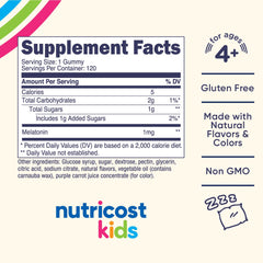 Nutricost Kids Melatonin Gummies bottle label shows ingredients and dosage details