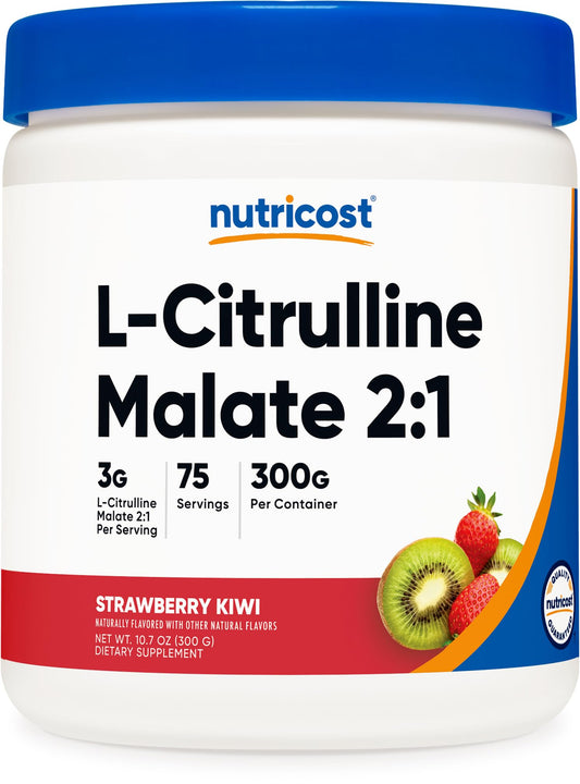 Nutricost envase frontal con L-Citrulline Malate sabor Strawberry Kiwi y presentación clara