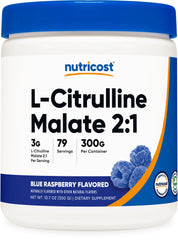 Nutricost frasco frontal Azul Raspberry mostrando etiqueta y tamaño