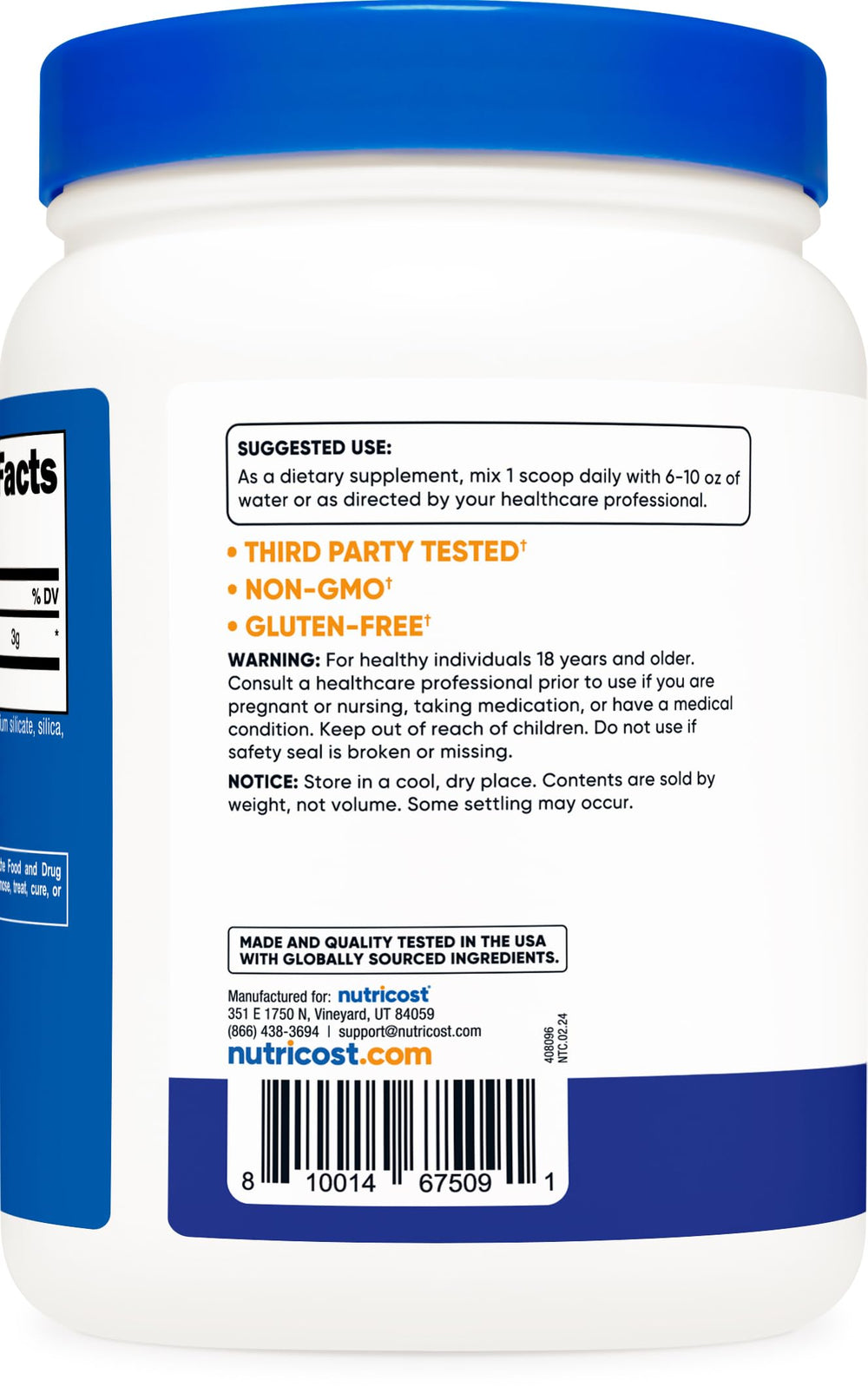 Comparación de tamaño del bote Nutricost L-Citrulline Malate 600 g sobre mesa para visualizar cantidad