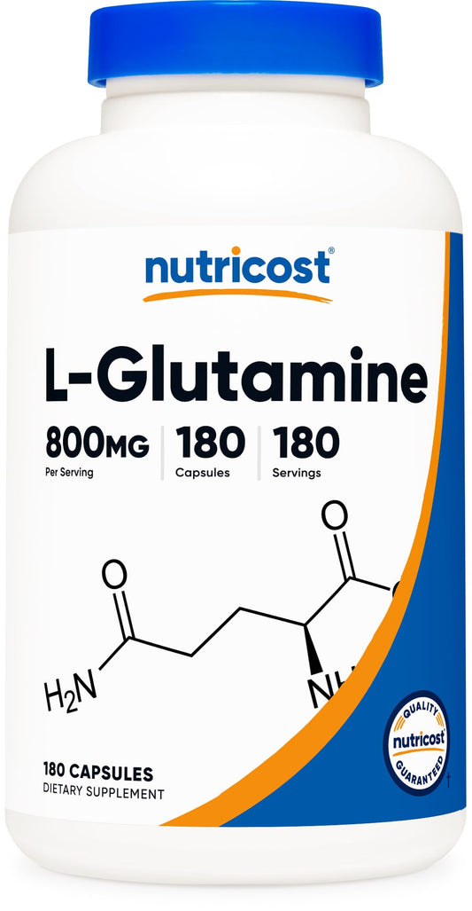 Nutricost L-Glutamine 800mg capsule close-up for daily wellness support.