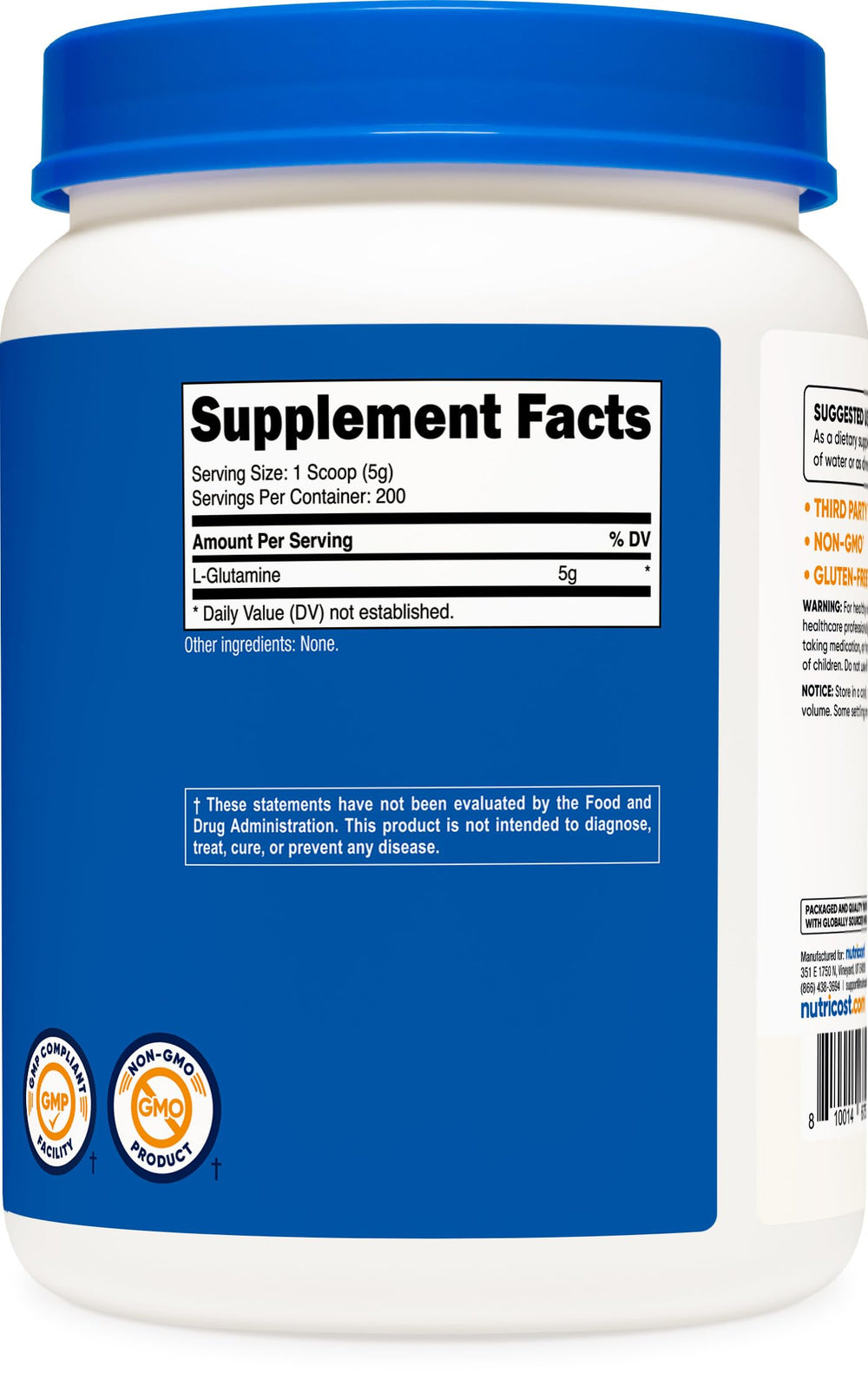 Nutricost etiqueta con sellos NSF GMP Non-GMO y sin gluten visibles