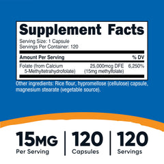 Primer plano de cápsulas Nutricost L‑Methylfolate revelando textura y facilidad de ingestión