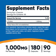 Nutricost L-Proline detalle de etiqueta con ingredientes y certificaciones que aporta confianza