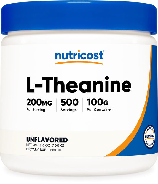 Nutricost L-Theanine powder bottle with scoop for easy daily dosage