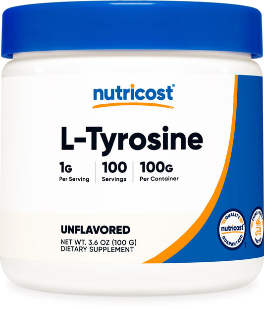 Nutricost L-Tyrosine bottle with powder for daily focus support.